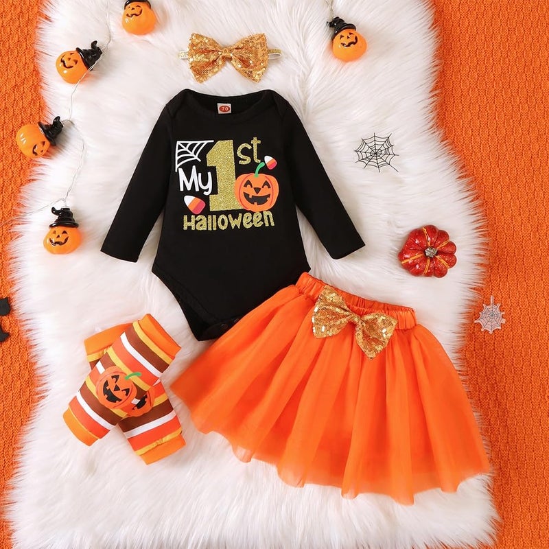 CPEI Baby Girls Halloween Outfits Costume My 1st Halloween Romper+ Tutu Skirt+ Striated Leg Warmer+ Bunny Headband 4Pcs Outfit Set (Black, 6-12 months) - Image 2